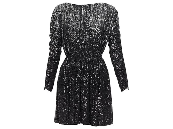 Abito mini a barca cropped in paillettes argentate sfumate di Saint Laurent Nero