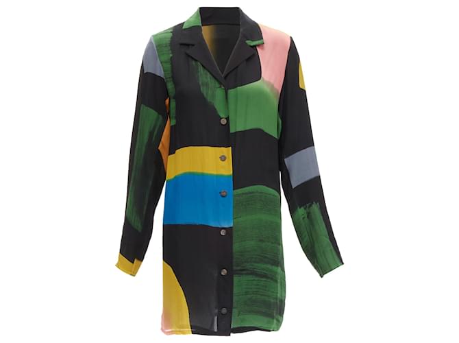 Giacca overshirt lunga in seta con stampa color block Issey Miyake Multicolore