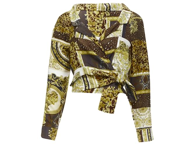 Camicia cropped in seta con stampa Barocco mosaico di Versace D'oro Metallico