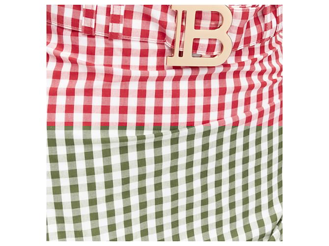 Gonna cottage a volant in gingham con fibbia logo B di Balmain Rosso