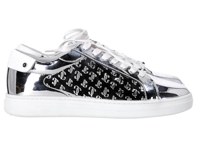 Sneakers Monogram Jimmy Choo Rome/F in Pelle Argento Metallico