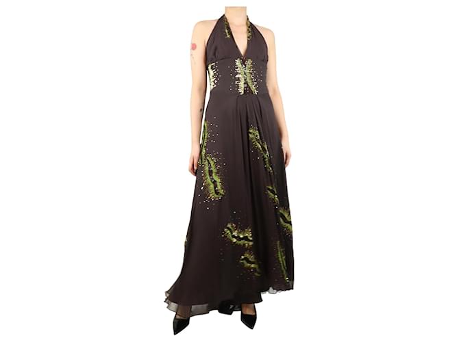 Max Mara Abito maxi in seta marrone con collo halter - taglia UK 12