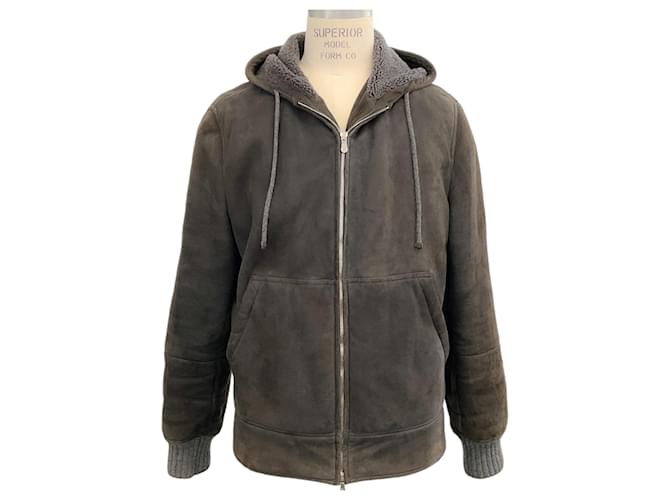 Giacca con cappuccio in shearling grigio per uomo Brunello Cucinelli con cashmere