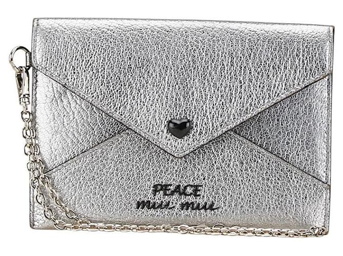 Miu Miu Madras Slim Love Peace Mini Portafoglio in Pelle Argento