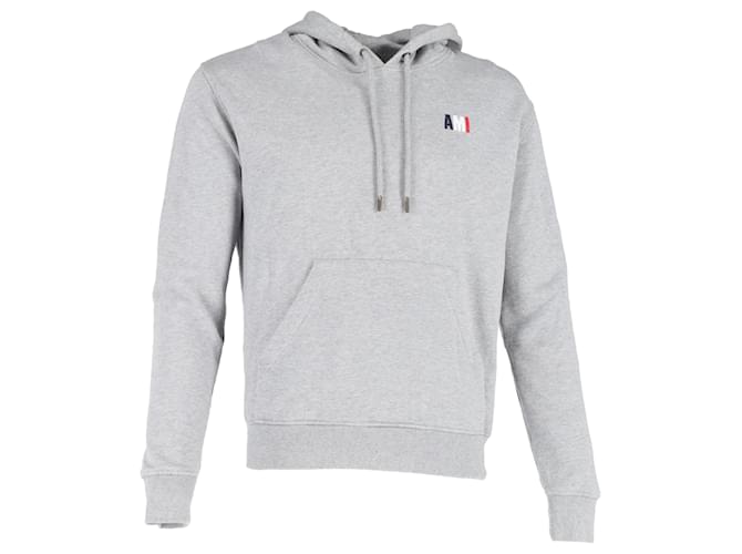 Felpa con cappuccio in cotone grigio con logo Ami