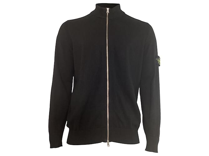 Maglione a zip in lana nera a coste di Stone Island Nero