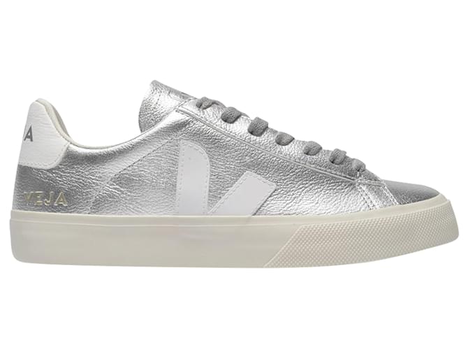 Veja Sneakers Campo in pelle senza cromo argento e bianco Metallico