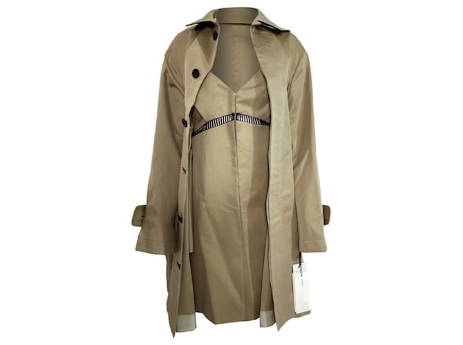 Cappotto trench in cotone marrone Sacai con inserto di abito