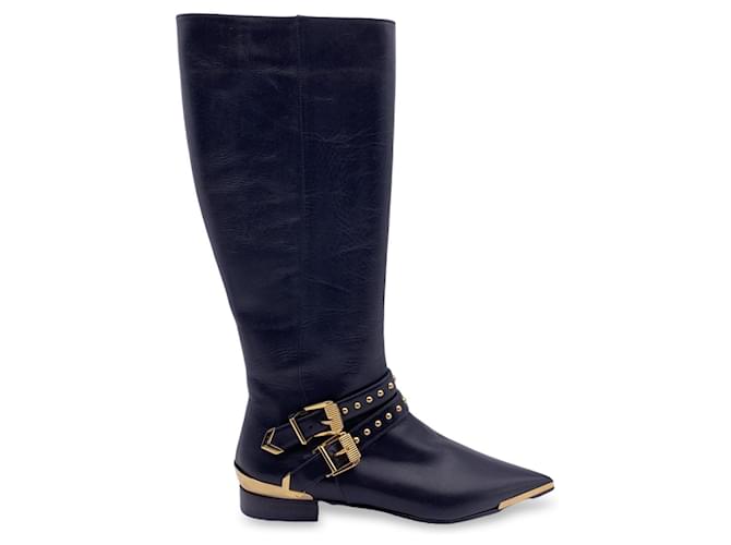 Versace Stivali da equitazione in pelle nera con fibbie in metallo dorato taglia 36 Nero