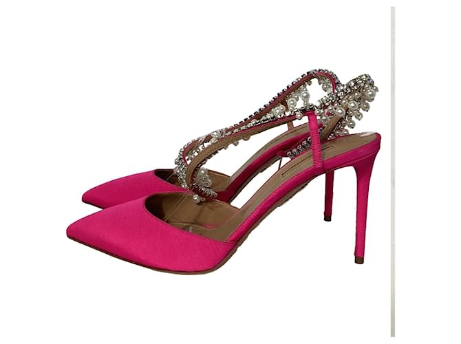 Aquazzura Exquisite 85 Décolleté Slingback Decorati con Cristalli e Perle in Satin Rosa Marrone