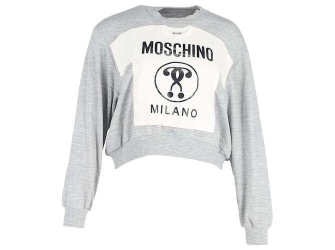 Maglione girocollo in cotone grigio con stampa Moschino