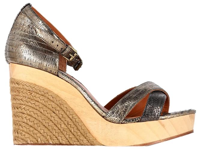 Sandali con zeppa e cinturino posteriore in pelle argentata con stampa a serpente di Lanvin Argento Metallico