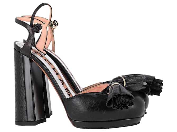 Sandali con piattaforma e dettaglio a frange con cinturino alla caviglia in pelle nera Rochas Nero