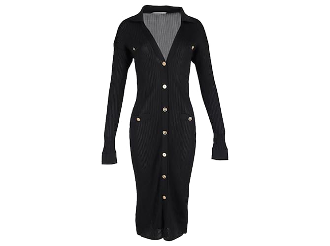 Abito midi a bottoni a coste Versace in viscosa nera Nero