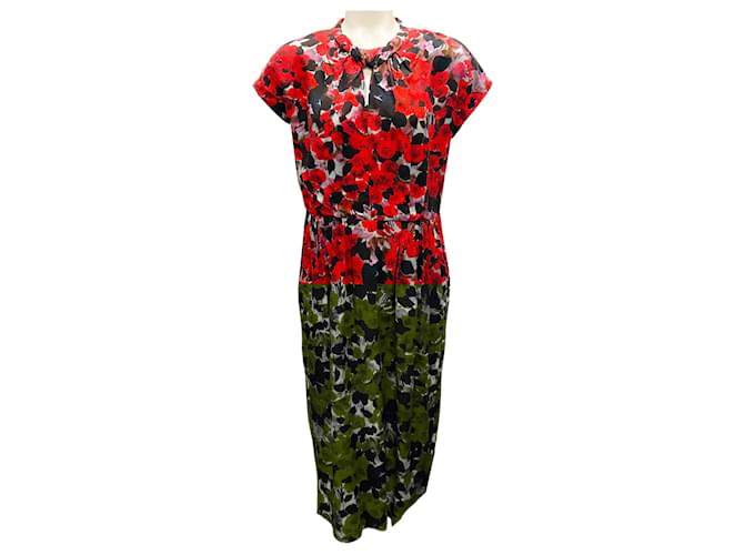Abito midi stampato floreale multicolore rosso / nero di Dries Van Noten