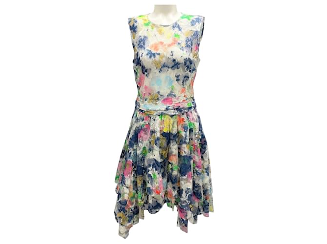 Abito in pizzo senza maniche Moschino Couture avorio / rosa / blu multicolore 2019