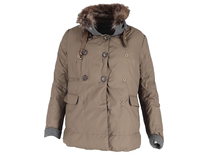 Giacca in piuma doppiopetto con bordo in pelliccia Brunello Cucinelli in poliamide marrone