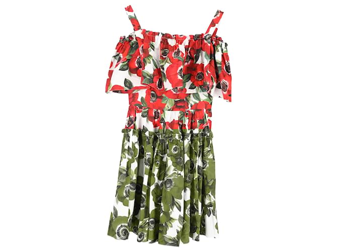 Abito mini in cotone rosso con stampa floreale di Dolce & Gabbana