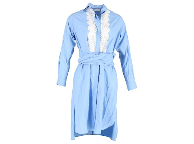 Abito camicia a maniche lunghe in popeline di cotone azzurro con pizzo Sandro Paris Blu Blu chiaro