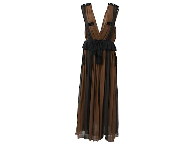Abito maxi plissettato con scollo profondo Chloé in chiffon di seta marrone e nero