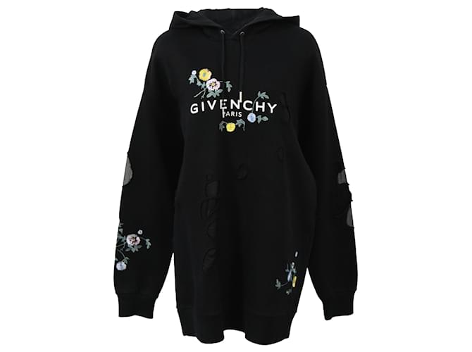 Felpa con cappuccio in cotone nero con logo distrutto ricamato floreale Givenchy