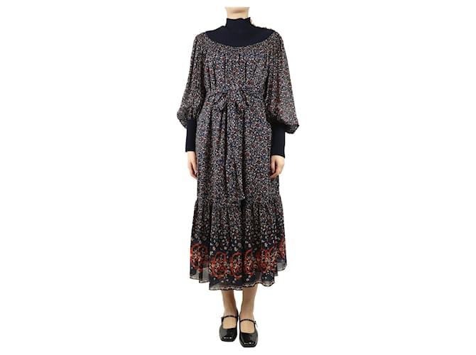Chloé Abito midi floreale blu navy con cintura - taglia UK 8