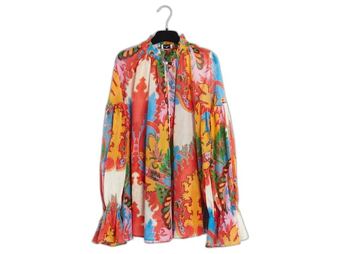 Etro Crociera 2023 Top FR38 Blusa da Pittore Oversized in Cotone e Seta UK10 US8 Multicolore