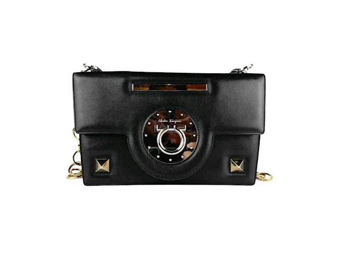Borsa a Spalla Gancini di Salvatore Ferragamo Nero Argento D'oro