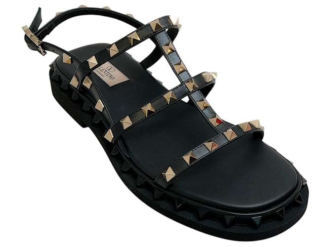 Sandali piatti Rockstud in pelle nera a più cinturini Valentino Nero