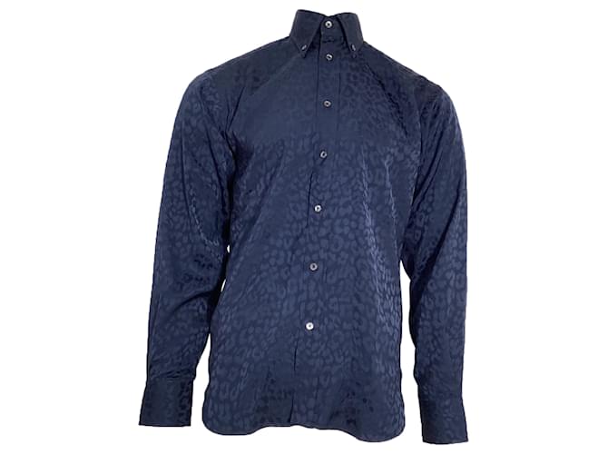 Camicia a maniche lunghe in seta blu navy con stampa leopardata di Tom Ford