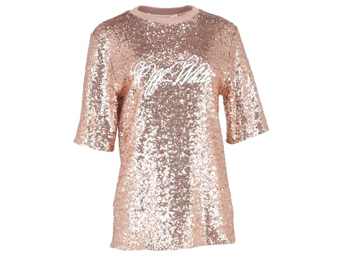 Off White T-shirt in poliestere rosa con logo Off-White in paillettes