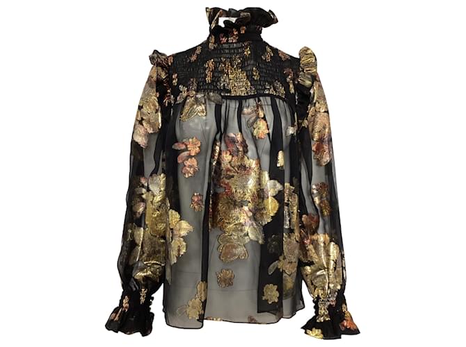 Blusa in seta nera con colletto alto decorata con fiori di Saint Laurent Nero