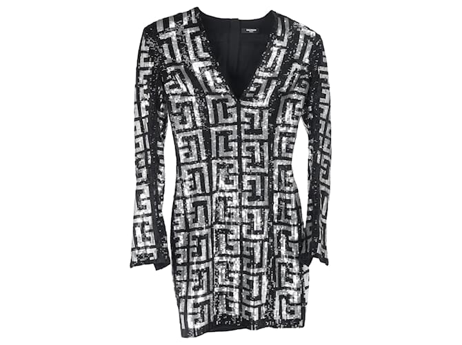 Abito mini in poliestere nero e argento con stampa logo Balmain e paillettes