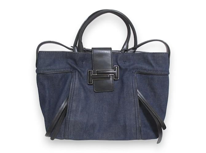 Borsa tote 2 in 1 in pelle denim Double T di Tod's Nero
