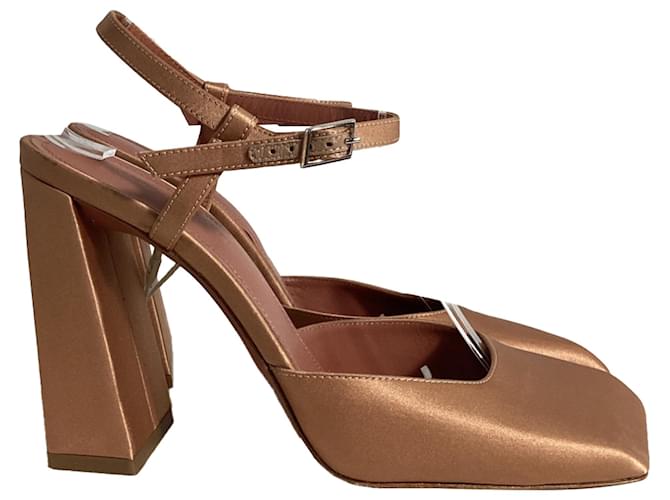 Amina Muaddi Charlotte Décolleté in Satin Marrone