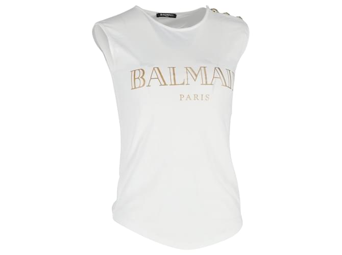 Canotta in cotone bianco con stampa logo Balmain Crudo