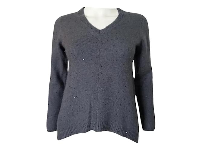 Brunello Cucinelli Top in cashmere con paillettes Blu