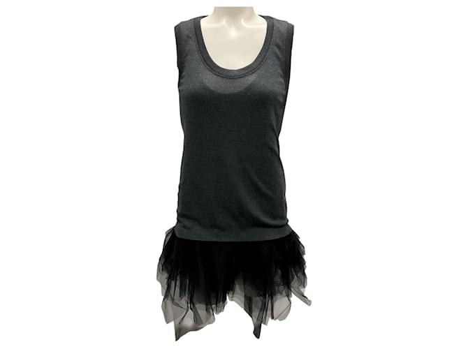 Top senza maniche in lana con orlo in tulle a rete grigio carbone / nero di Brunello Cucinelli