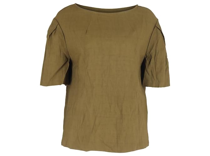 Blusa a maniche corte con spalle scese Dries Van Noten in lino khaki Verde Cachi