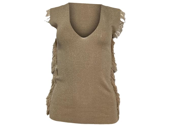 Top a scollo rotondo in cashmere beige con frange laterali Brunello Cucinelli