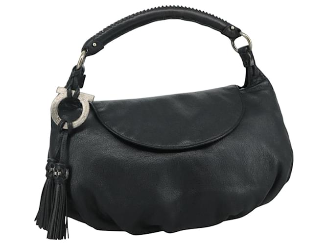 Borsa a mano in pelle nera con frange Salvatore Ferragamo Auth yk17180 Nero