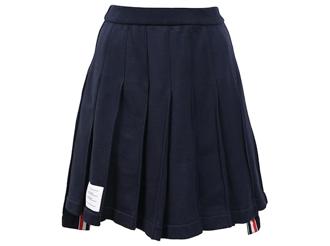 Gonna mini plissettata classica in loopback Thom Browne in cotone blu navy