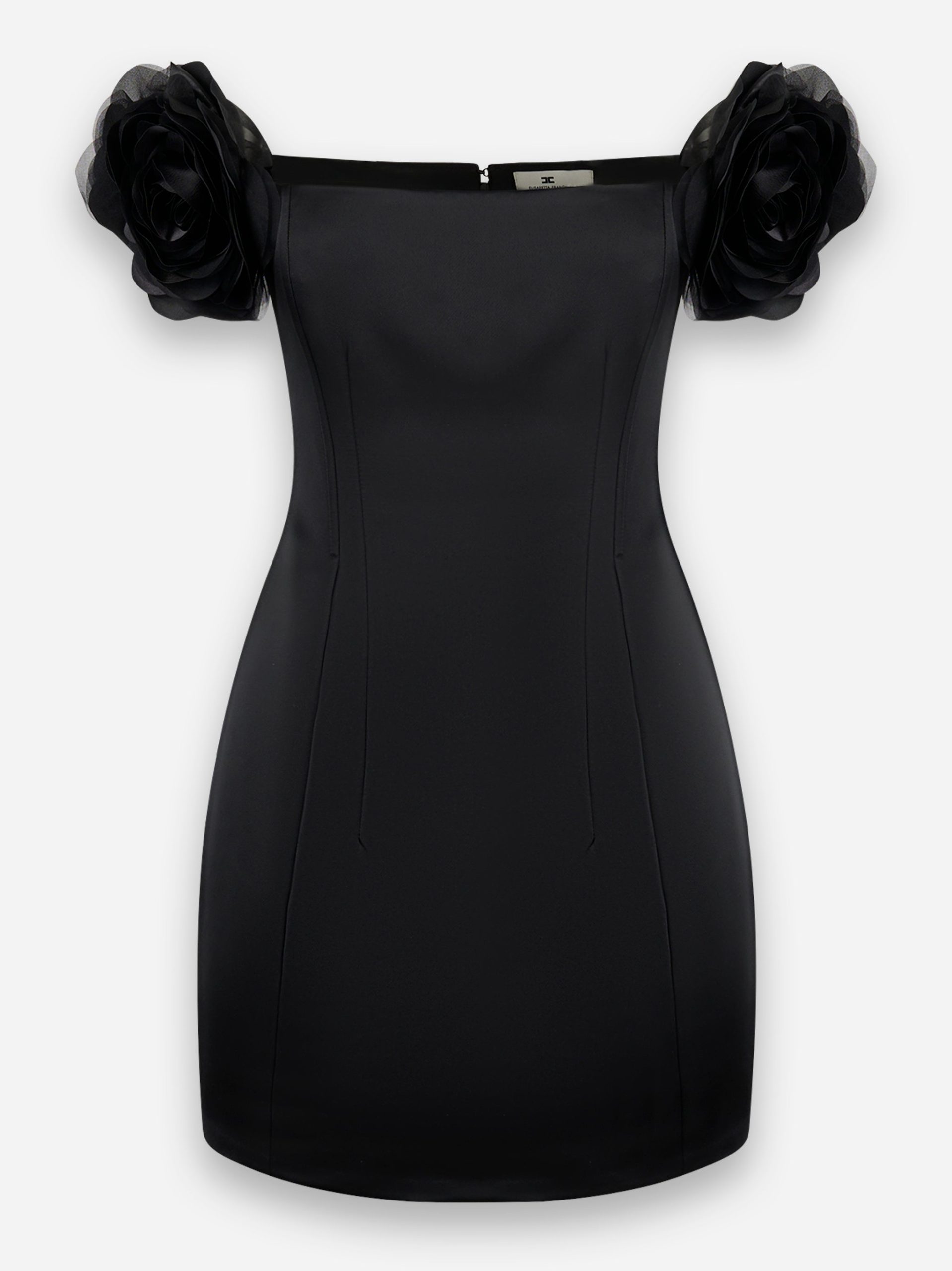 Abito in duchesse con fiori applicati Nero