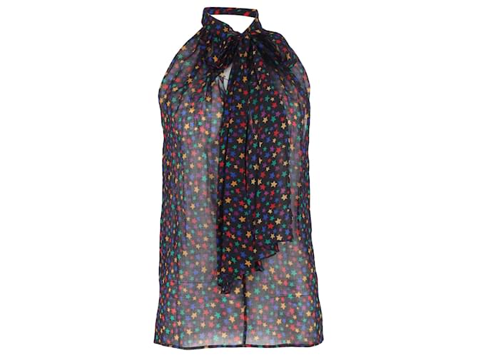 Blusa in seta nera con dettaglio a fiocco e stampa a stelle di Saint Laurent Multicolore