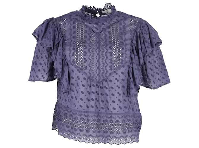 Blusa Tizaina con volantini in cotone broderie anglaise blu Isabel Marant Étoile