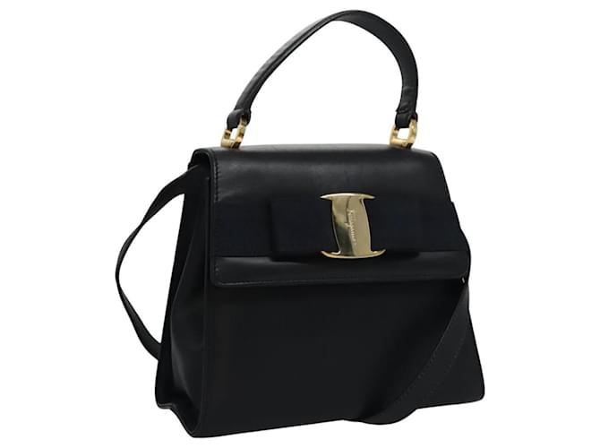 Borsa a mano in pelle Salvatore Ferragamo Vala blu navy oro Auth hk2025 D'oro