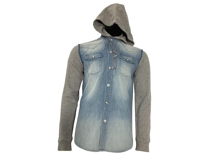 Giacca con cappuccio Balmain in denim blu e cotone grigio Blu chiaro