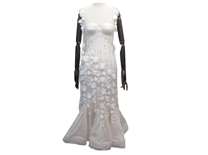 ABITO LUNGO ZIMMERMANN LIANE CON FIORI A PETALO IN LINO BIANCO E SETA S T1