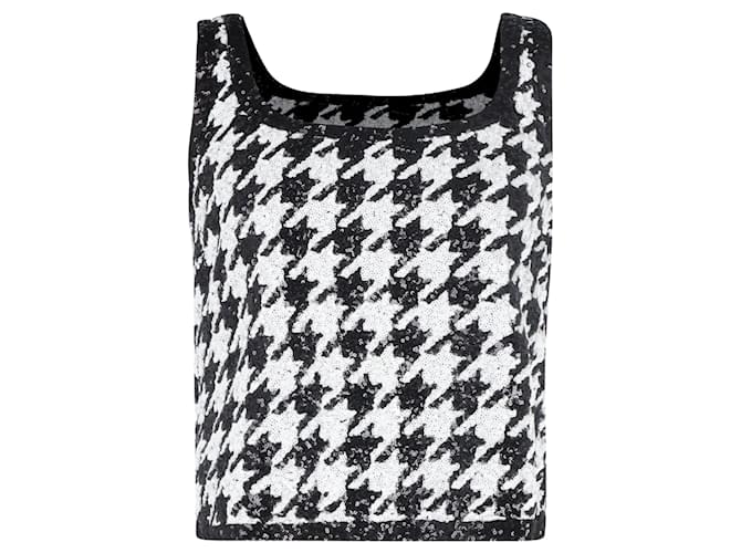 Top senza maniche in cotone nero e bianco a motivo pied-de-poule con paillettes di Lauren Ralph Lauren