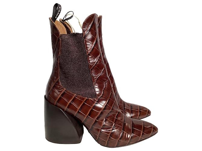 Stivaletti in pelle marrone con stampa coccodrillo Chloé Wave